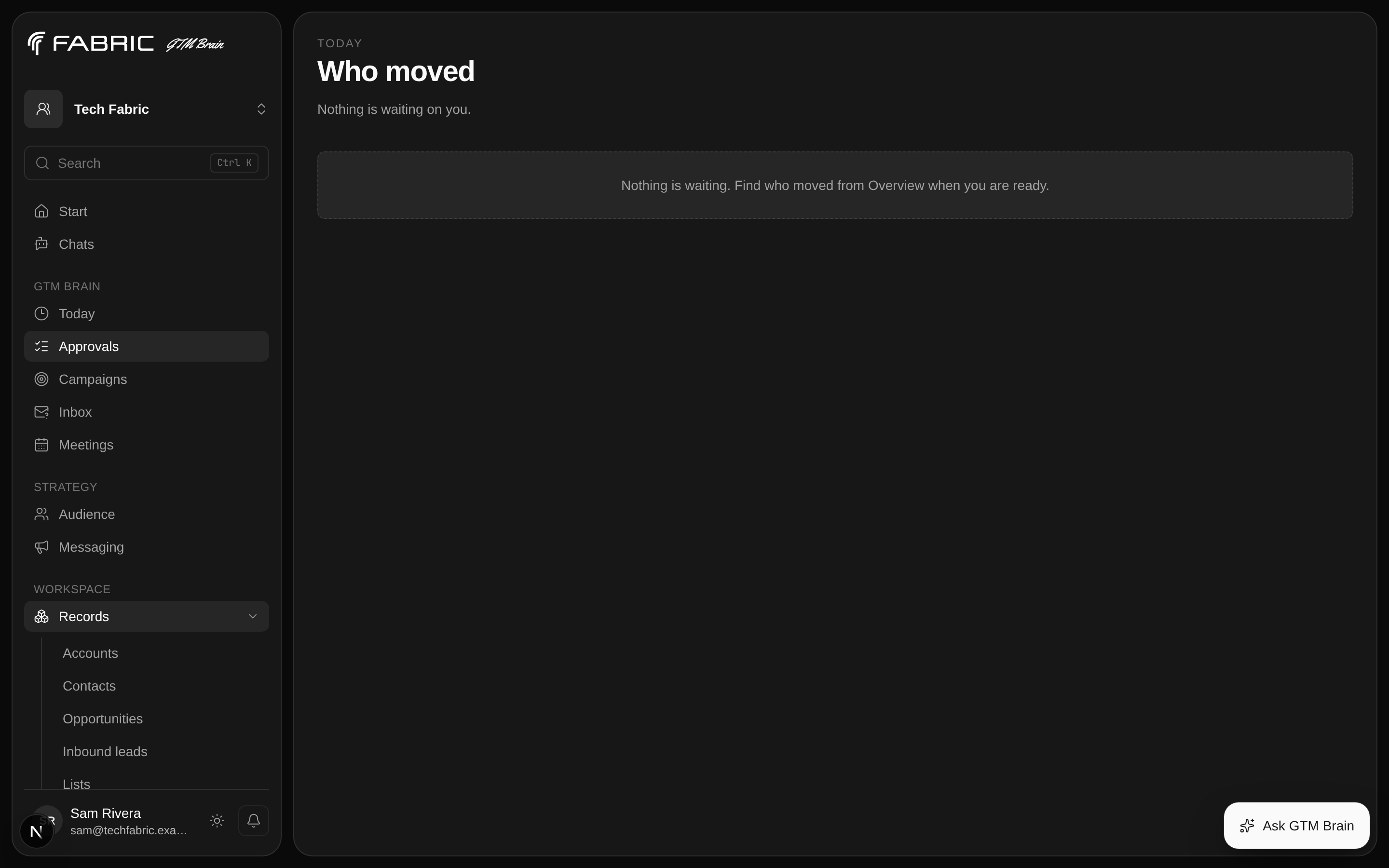 The Approvals queue, empty until a campaign pass produces drafts