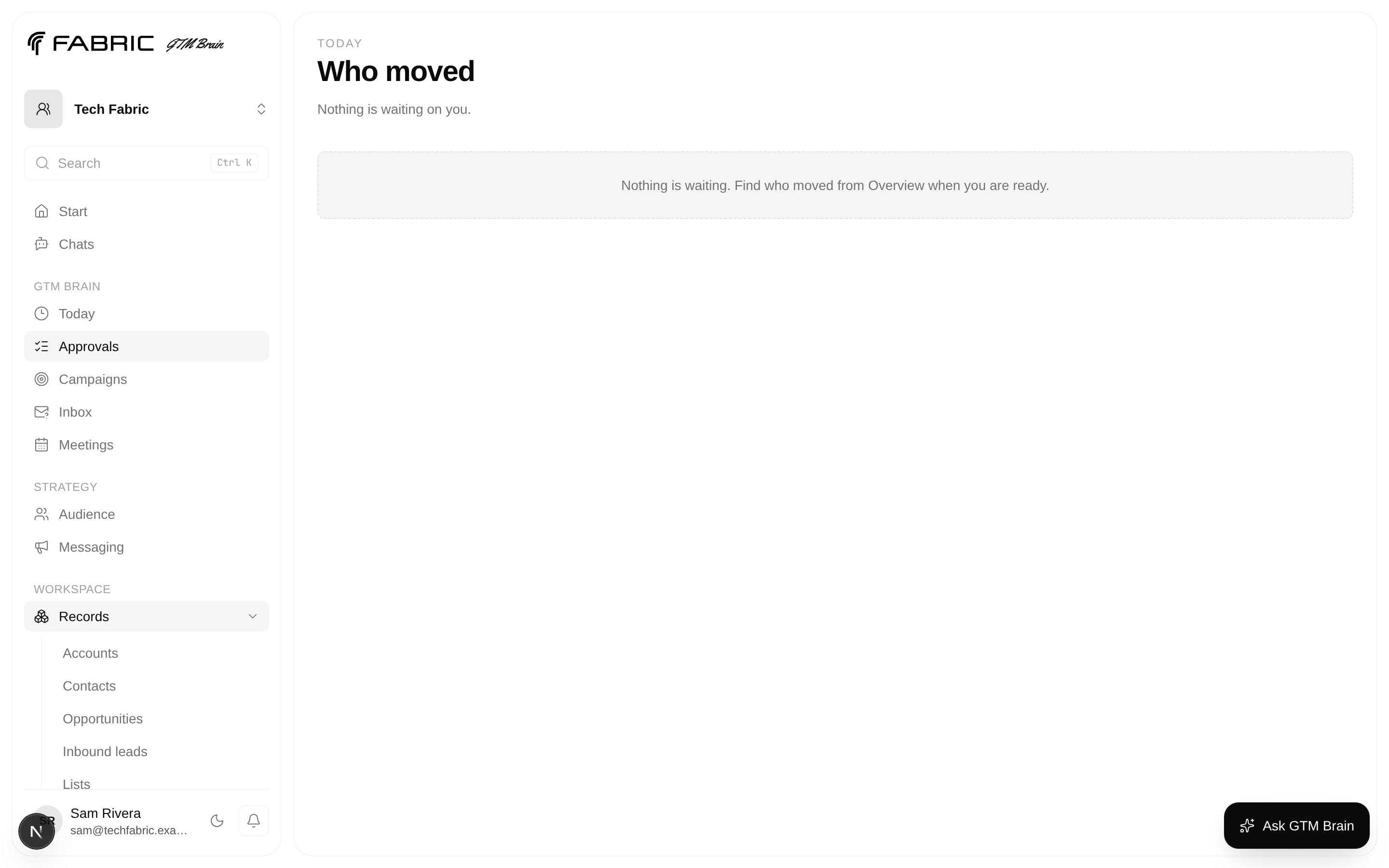 The Approvals queue, empty until a campaign pass produces drafts