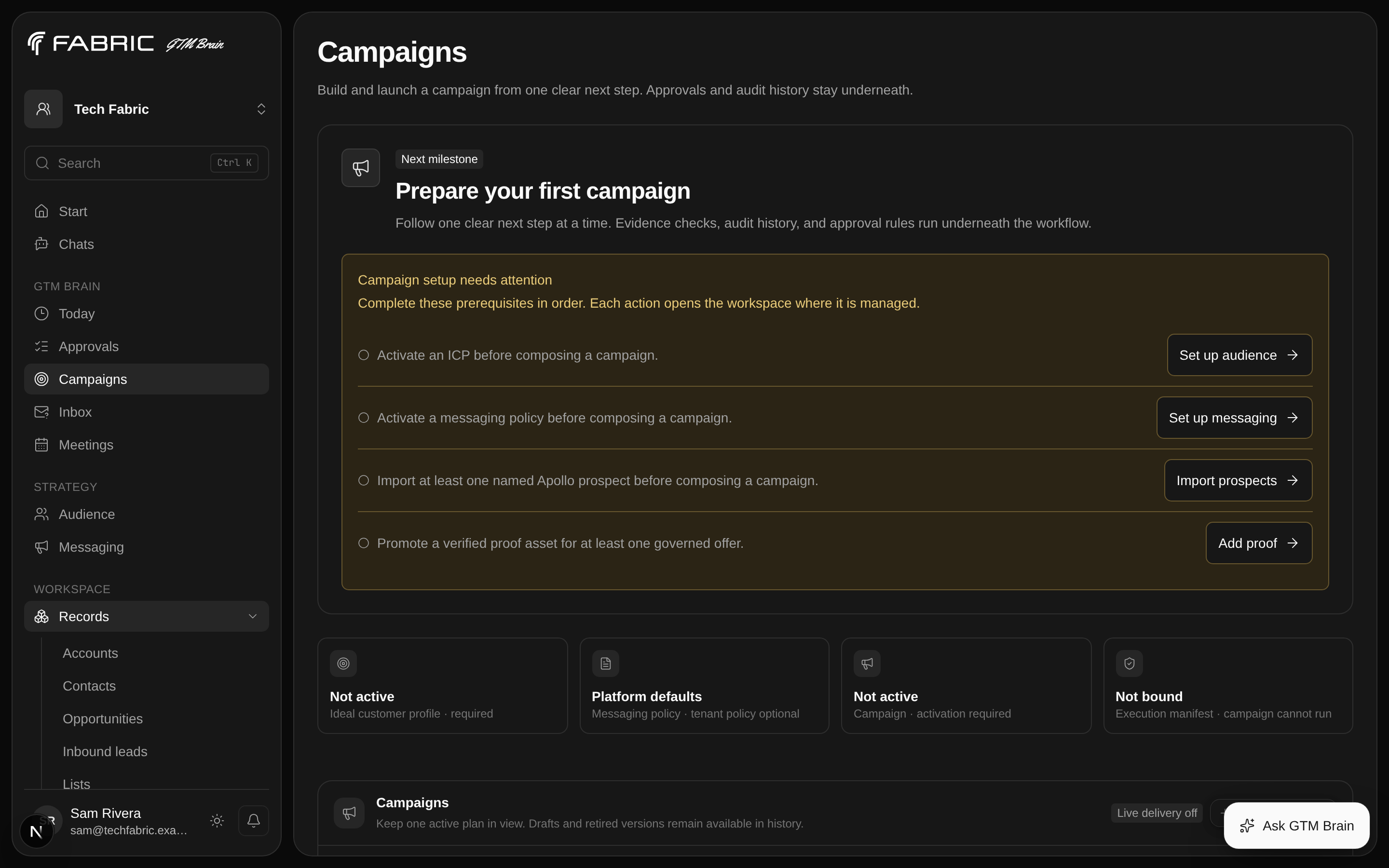 The campaign journey before the first campaign exists, with one action on the current stage