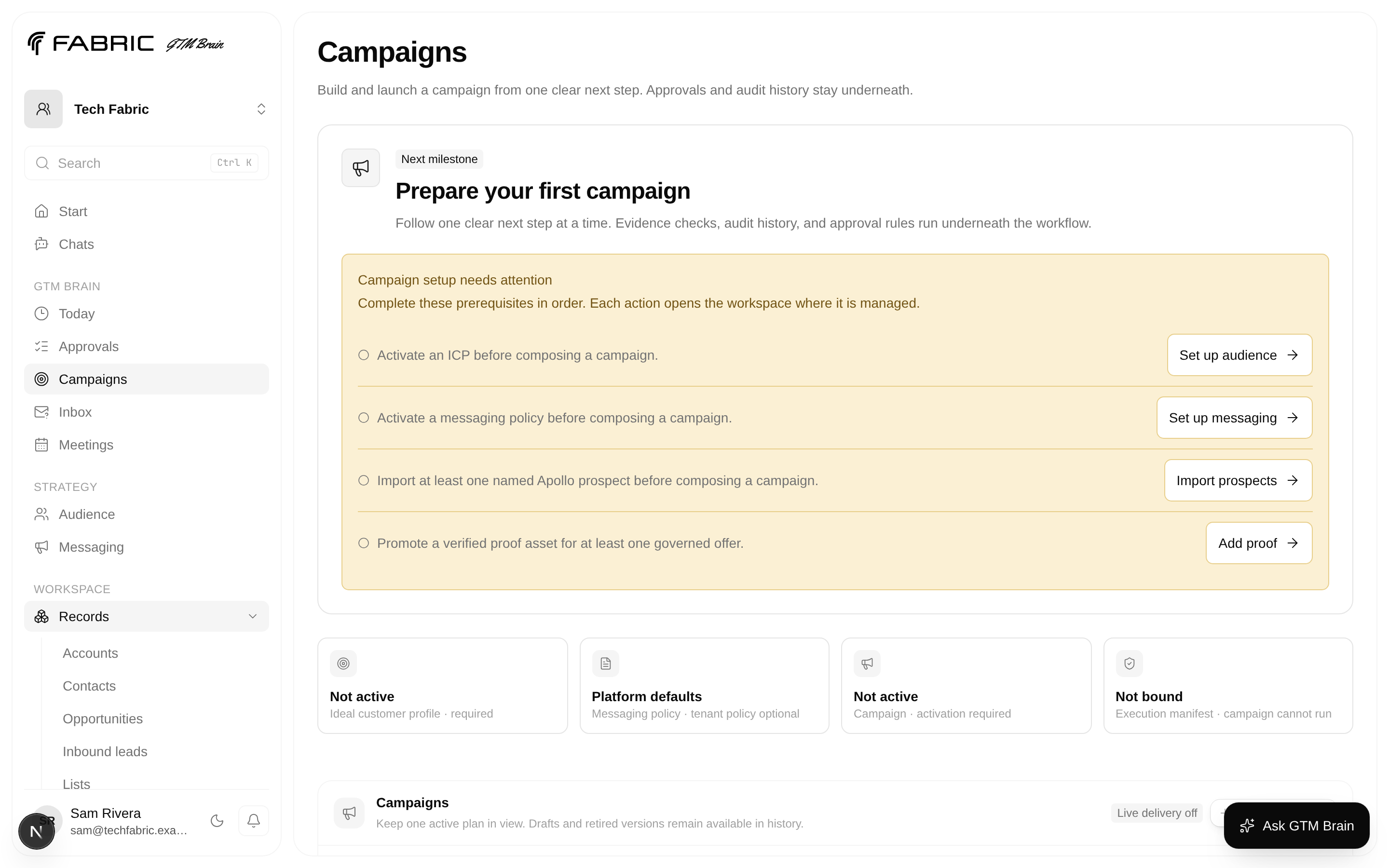 The campaign journey before the first campaign exists, with one action on the current stage