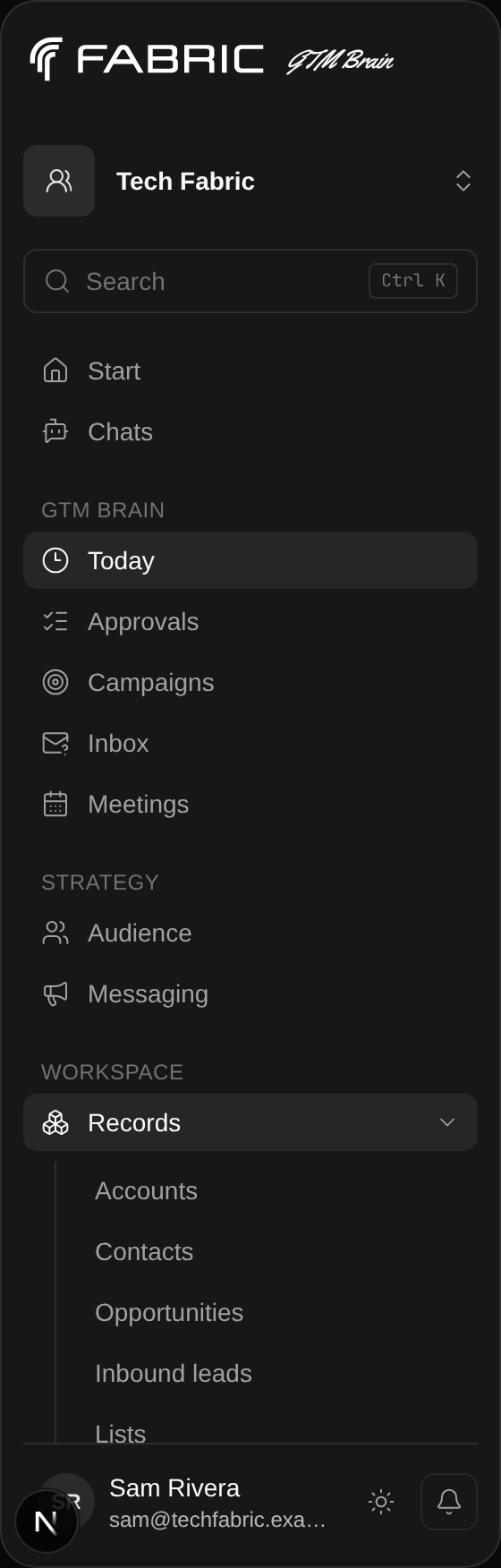 The GTM Brain sidebar with the Records group open under Workspace