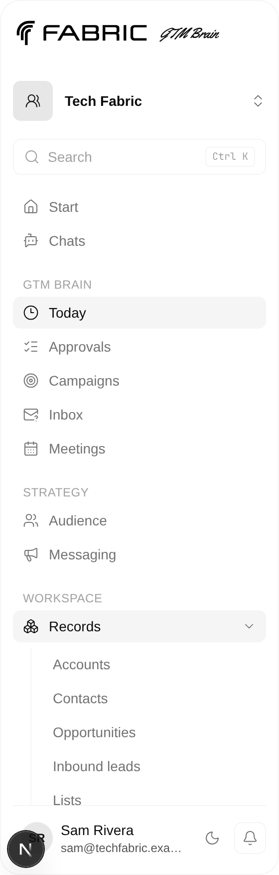 The GTM Brain sidebar with the Records group open under Workspace