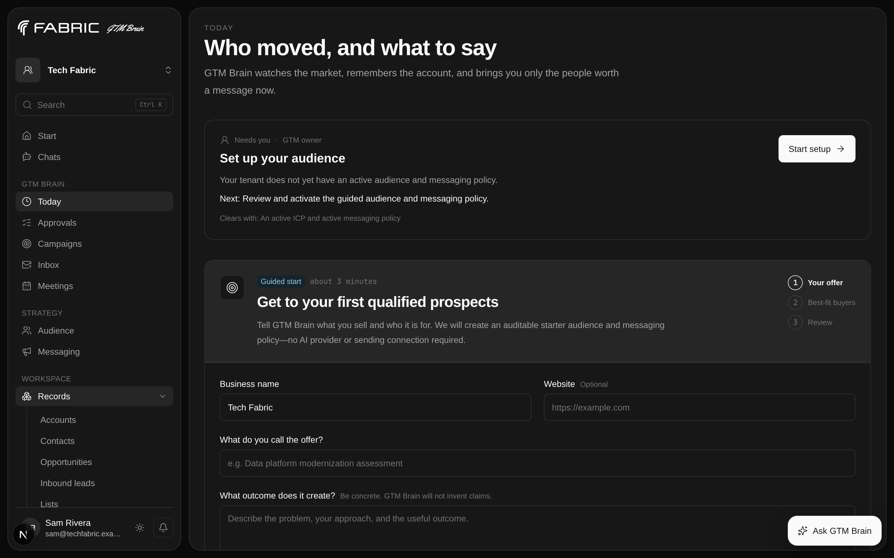 Today in a newly activated organization: one work-queue item above the guided setup panel