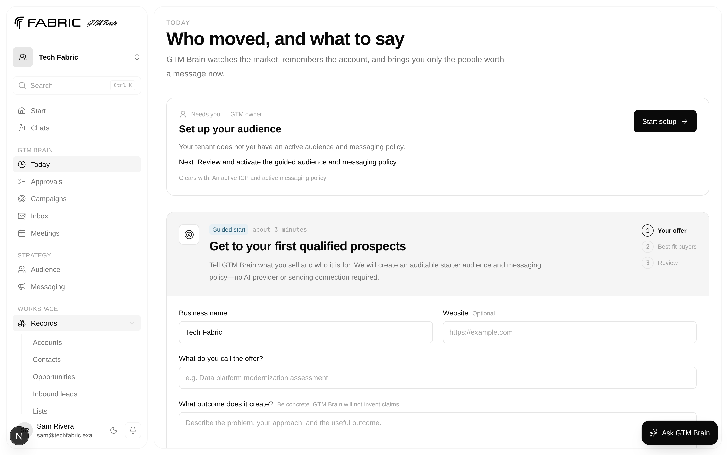 Today in a newly activated organization: one work-queue item above the guided setup panel